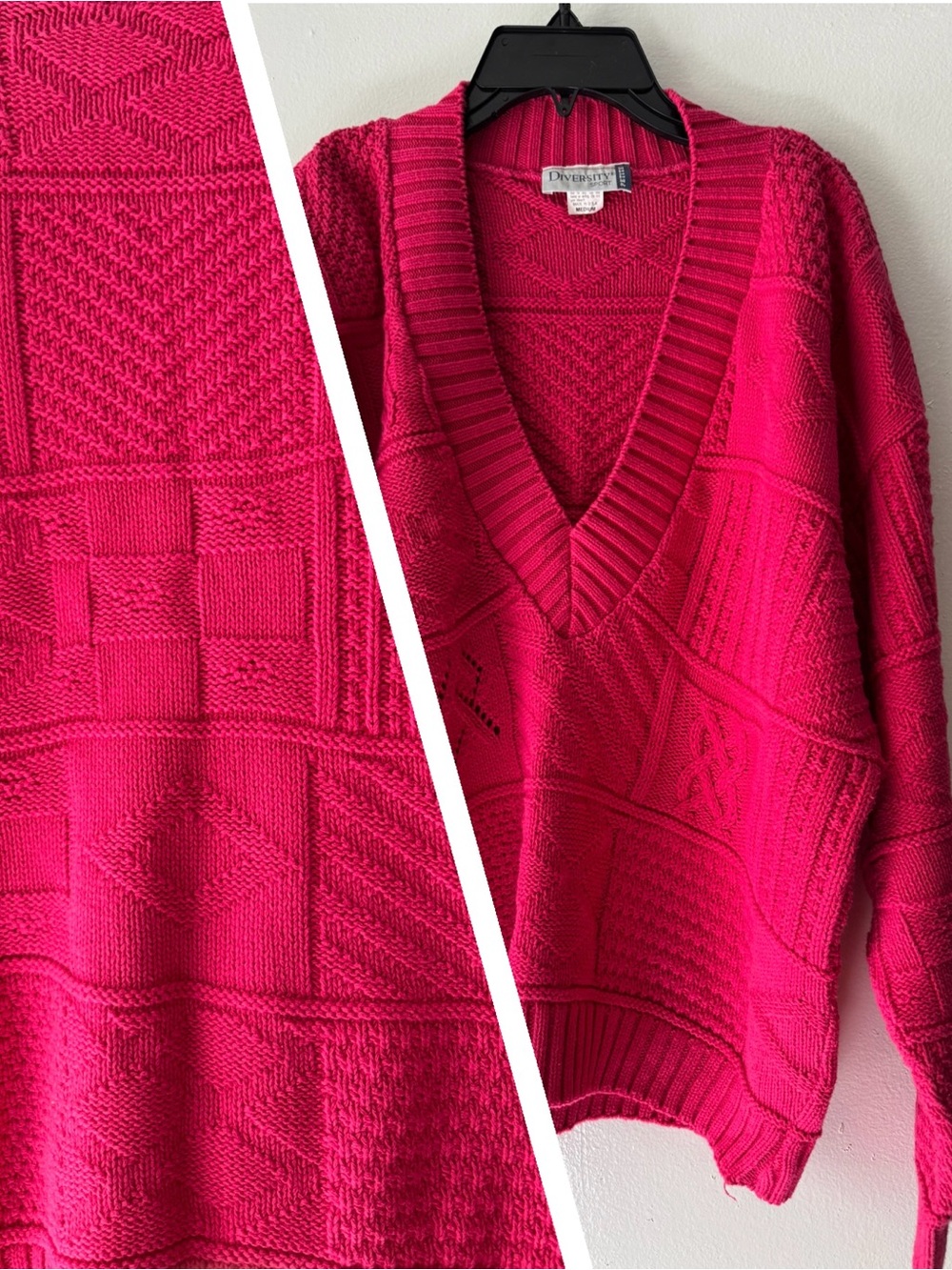 Vintage Pink Knit Sweater V-Neck Shoulder Pads 80s 90s Cottagecore Grandma